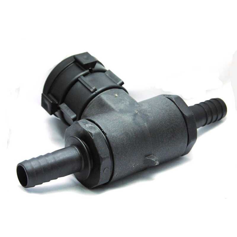 Female S60x6 swivel nut fitting with Tee and double male barbed outlet 25mm