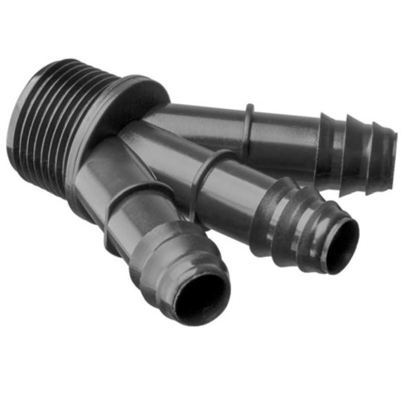 Raccordo scanalato Y 3 vie Ø16mm - maschio 3/4 pollici per micro irrigazione Raccordo scanalato Y 3 vie Ø16mm - maschio 3/4 pollici per micro irrigazione