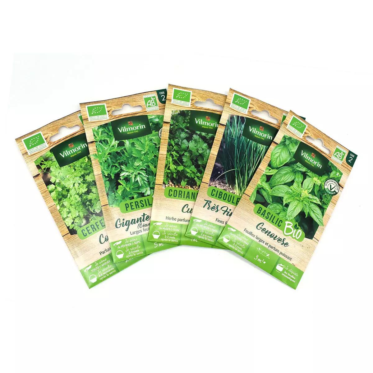Pack de 5 sachets graines aromatiques BIO : Basilic - Ciboulette -Coriandre - Persil - Cerfeuil