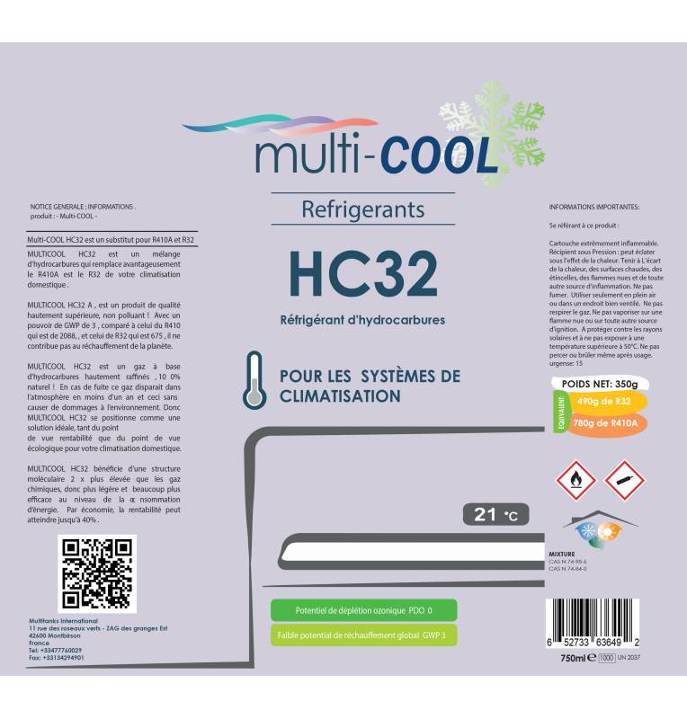 Refrigerante Multicool HC32 350g - Sustituto De R32 Y R410A