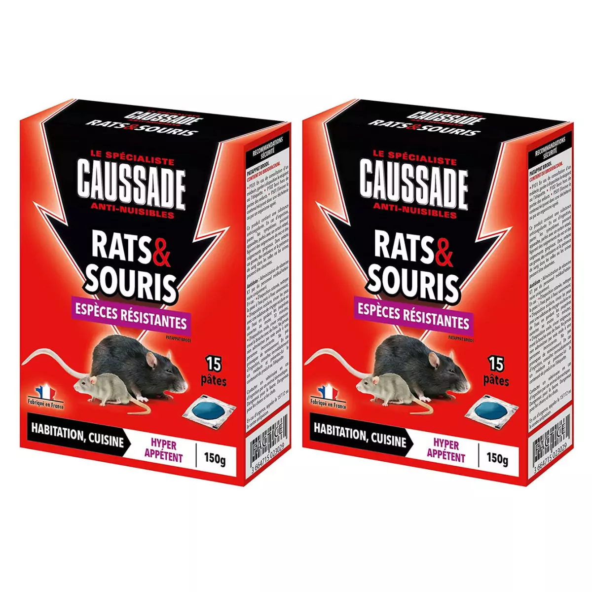 Lot de 2 boites Raticide Rats & Souris - Pat'Appât Espèces résistantes ,  boite de 150grs ( 15x10grs)
