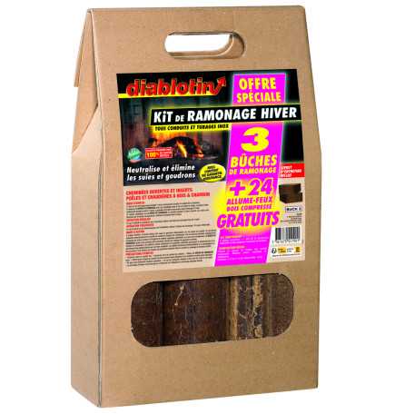 Kit de ramonage DIABLOTIN FEUX HIVER contenant 3 bûches de 1.2 KG et un étui de 24 cubes allume-feux en bois compressé.