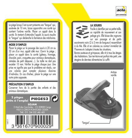 Pièges à souris - 2 tapettes Bois préappâtées