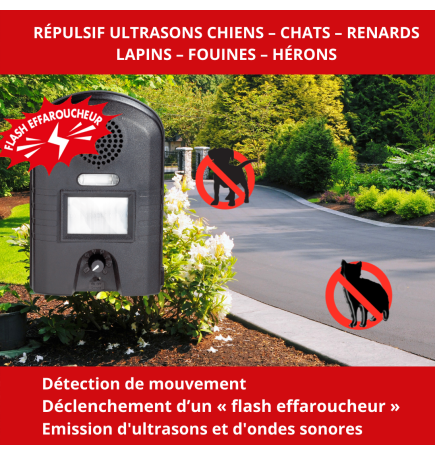 RETRO Répulsif ULTRASONS – Protection contre Chiens, Chats, Lapins,  Renards, Fouines, Hérons.