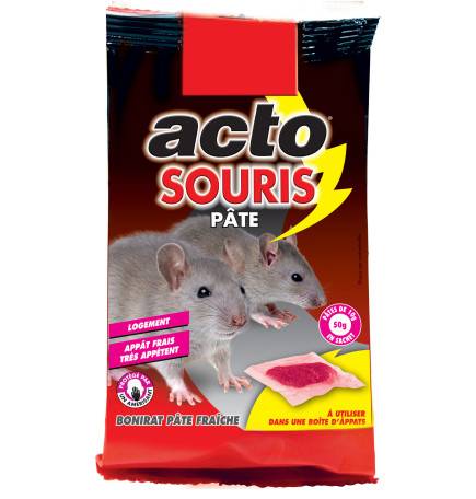 Sachet de 50g de pâte souricide ACTO SOURIS pour éliminer les rongeurs en intérieur.