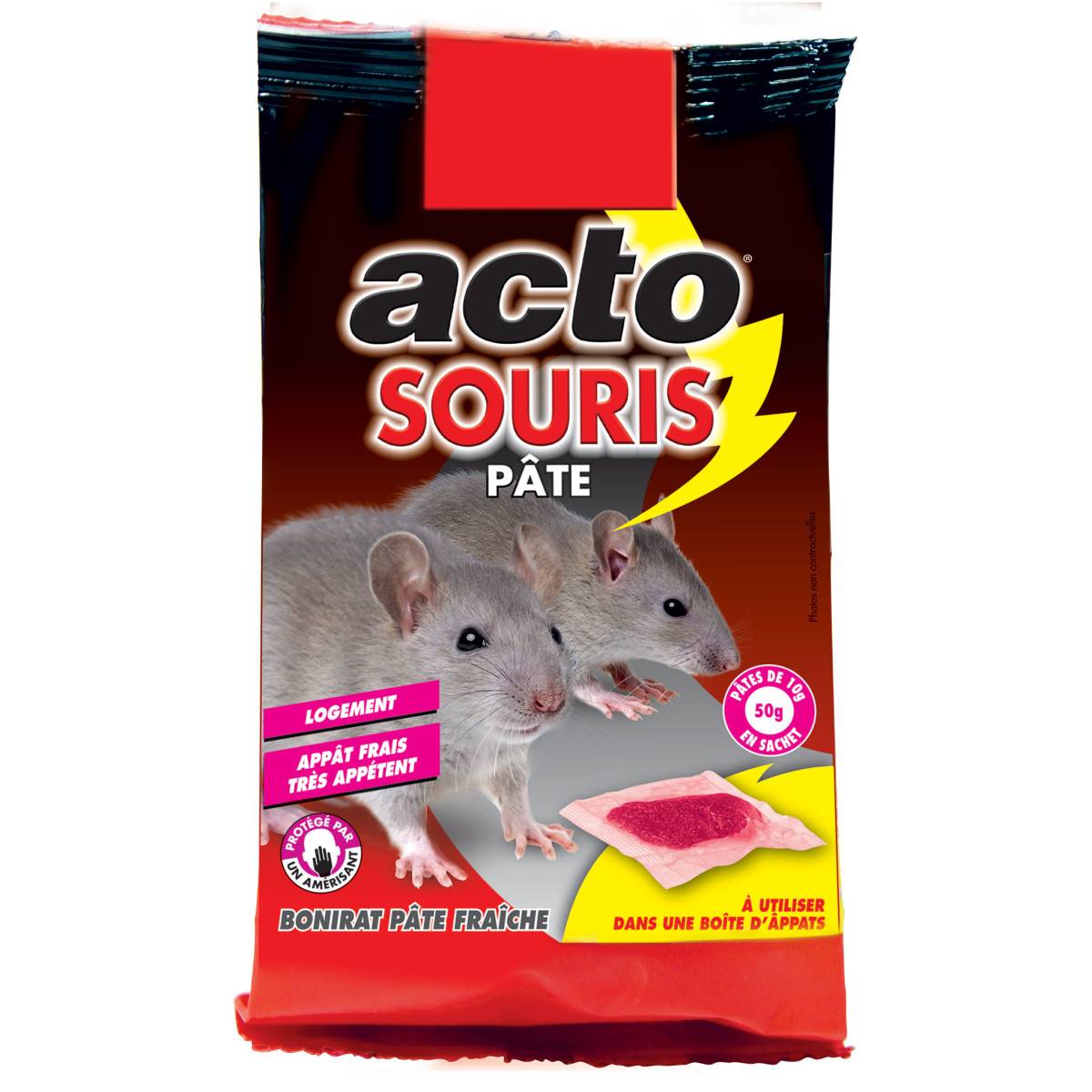 Sachet de 50g de pâte souricide ACTO SOURIS pour éliminer les rongeurs en intérieur.