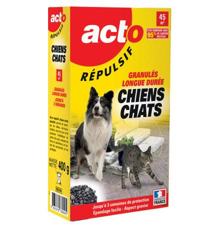 Boîte de granulés répulsifs ACTO pour chiens et chats posée à côté d'une allée de jardin propre.