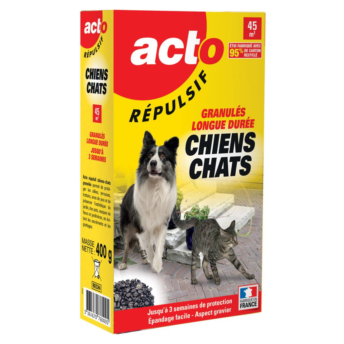 Boîte de granulés répulsifs ACTO pour chiens et chats posée à côté d'une allée de jardin propre.