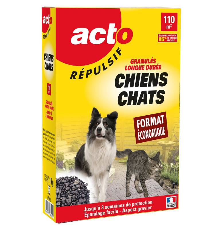 Boîte de 1 kg du répulsif en granulés ACTO RECH5 posée sur une terrasse, avec un grand jardin en arrière-plan. Boîte de 1 kg du répulsif en granulés ACTO RECH5 posée sur une terrasse, avec un grand jardin en arrière-plan.