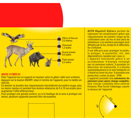Panneau solaire intégré sur le dessus du répulsif anti-gibier.