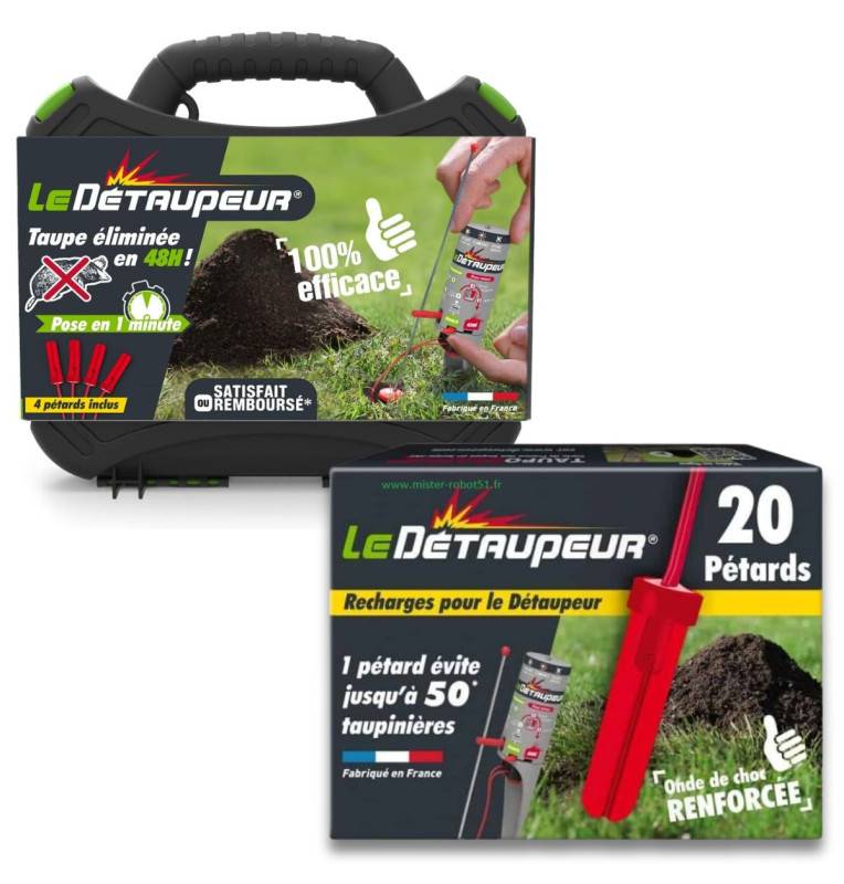 Kit Complet DETAUPEUR Valisette piège et 24 recharges pétards anti taupe pro Kit Complet DETAUPEUR Valisette piège et 24 recharges pétards anti taupe pro