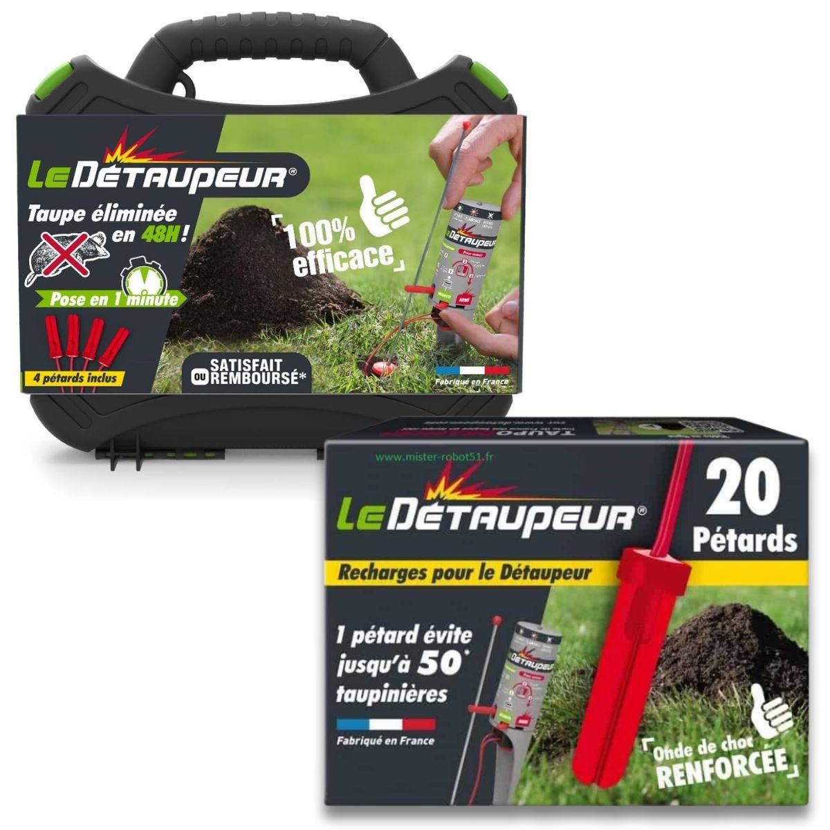 Kit Complet DETAUPEUR Valisette piège et 24 recharges pétards anti taupe pro