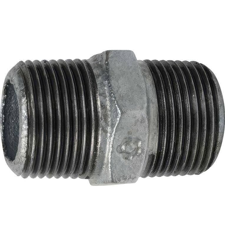 Male-male nipple made of galvanized malleable cast iron