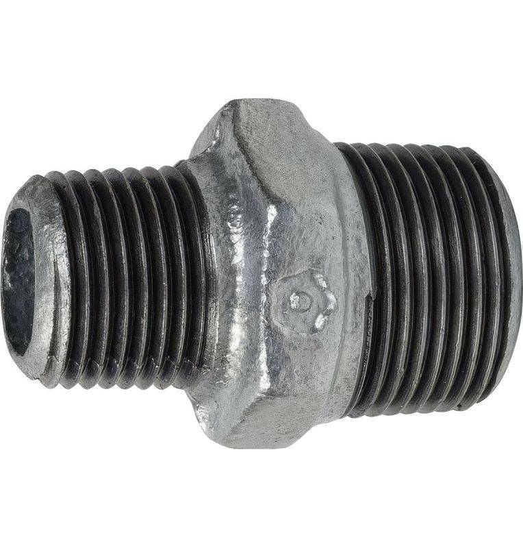 Reduced male-male nipple made of galvanized malleable cast iron