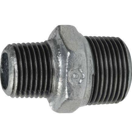 Reduced male-male nipple made of galvanized malleable cast iron