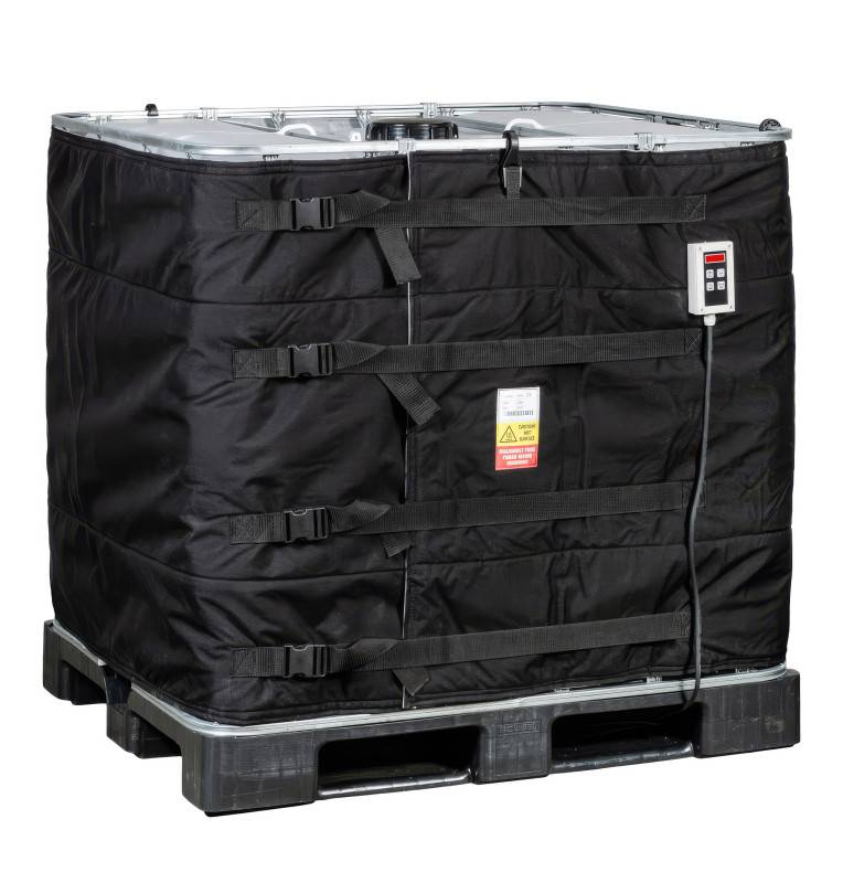 Couverture chauffante IBC 1000 litres 2 zones 2000W installée sur un conteneur pour chauffage de liquide visqueux.