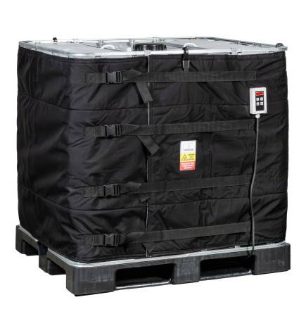 Couverture chauffante IBC 1000 litres 2 zones 2000W installée sur un conteneur pour chauffage de liquide visqueux.