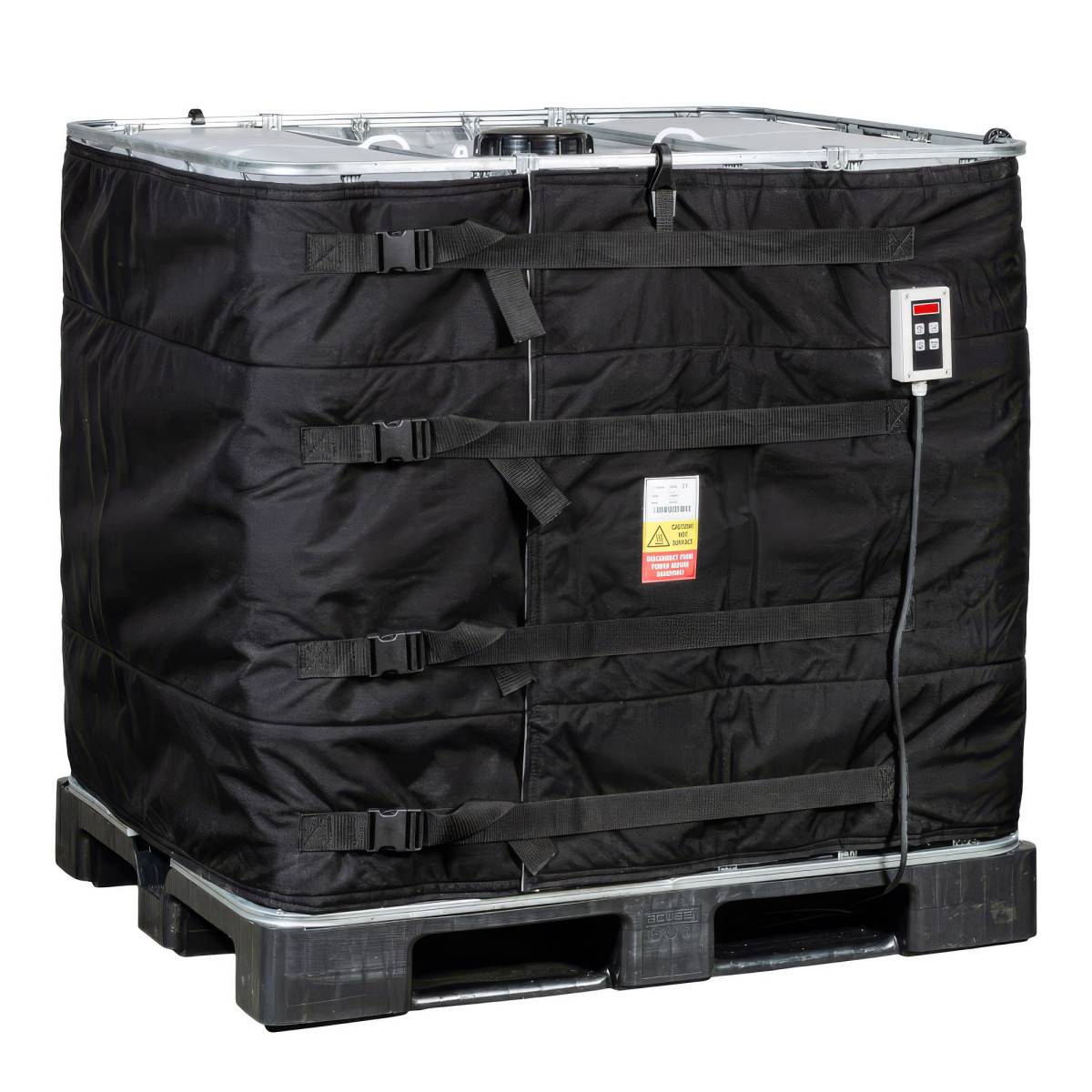Couverture chauffante IBC 1000 litres 2 zones 2000W installée sur un conteneur pour chauffage de liquide visqueux.
