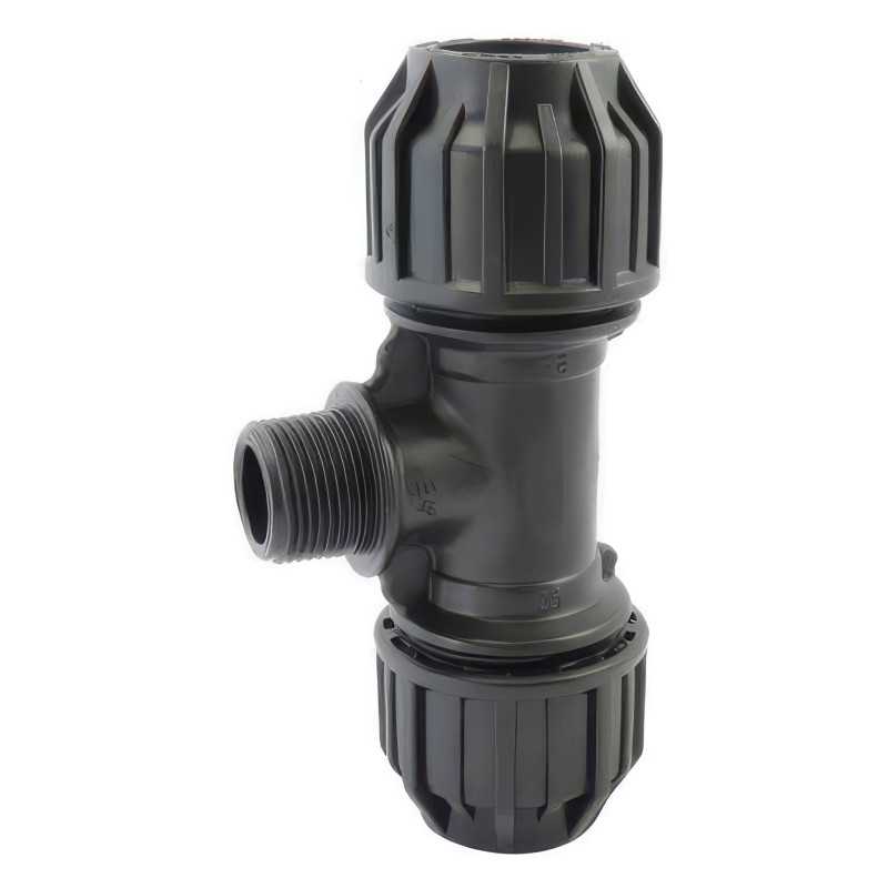 T a compressione PE a 90° con bypass maschio BSP | PN16 T a compressione PE a 90° con bypass maschio BSP | PN16