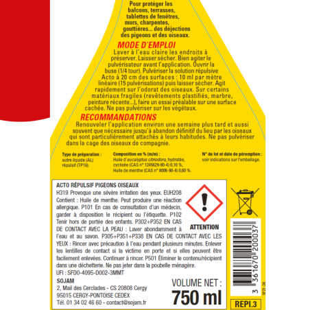 Pigeon and Bird Repellent ACTO 750ml | Spray REPI.3