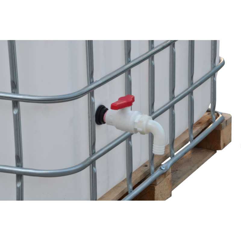 Tank-Ablaufset 1000L mit Kugelhahn, Schlauchtüllen-Winkel 30 mm und Kappe Tank-Ablaufset 1000L mit Kugelhahn, Schlauchtüllen-Winkel 30 mm und Kappe
