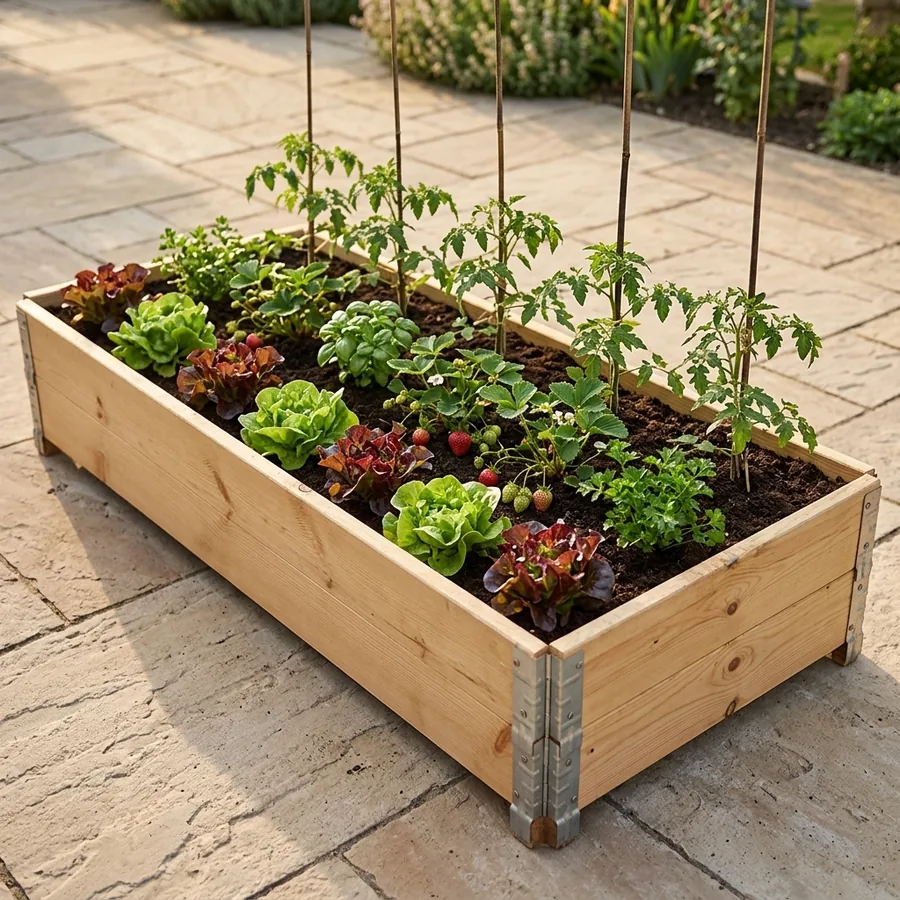 Huerto elevado rectangular de madera, en una terraza